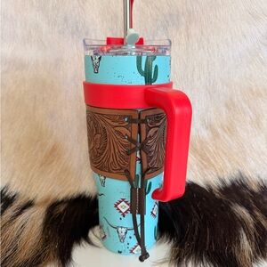 Myra Turquoise Cactus Travel Tumbler with Red Handle and Brown Sleeve